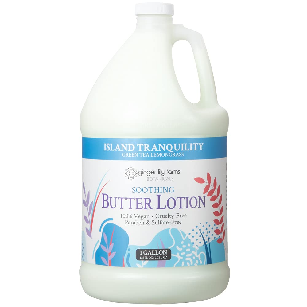 Ginger Lily Farm's Botanicals Soothing Butter Lotion for Dry Skin, Island Tranquility, 100% Vegan & Cruelty-Free, Green Tea Lemongrass Scent, 1 Gallon (128 fl oz) Refill