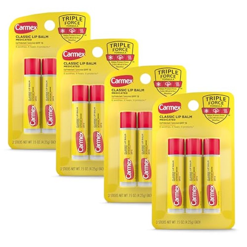 Carmex Classic Medicated Lip Balm Sticks, Lip Moisturizer for Chapped Lips, 12 Count (4 Packs of 3)