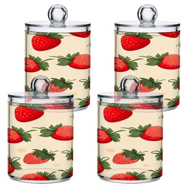 Blueangle 4 Pack Strawberry Pattern Qtip Holder Dispenser for Cotton Ball, Cotton Swab - Plastic Apothecary Jar Set for Bathroom Canister Storage Organization（897）