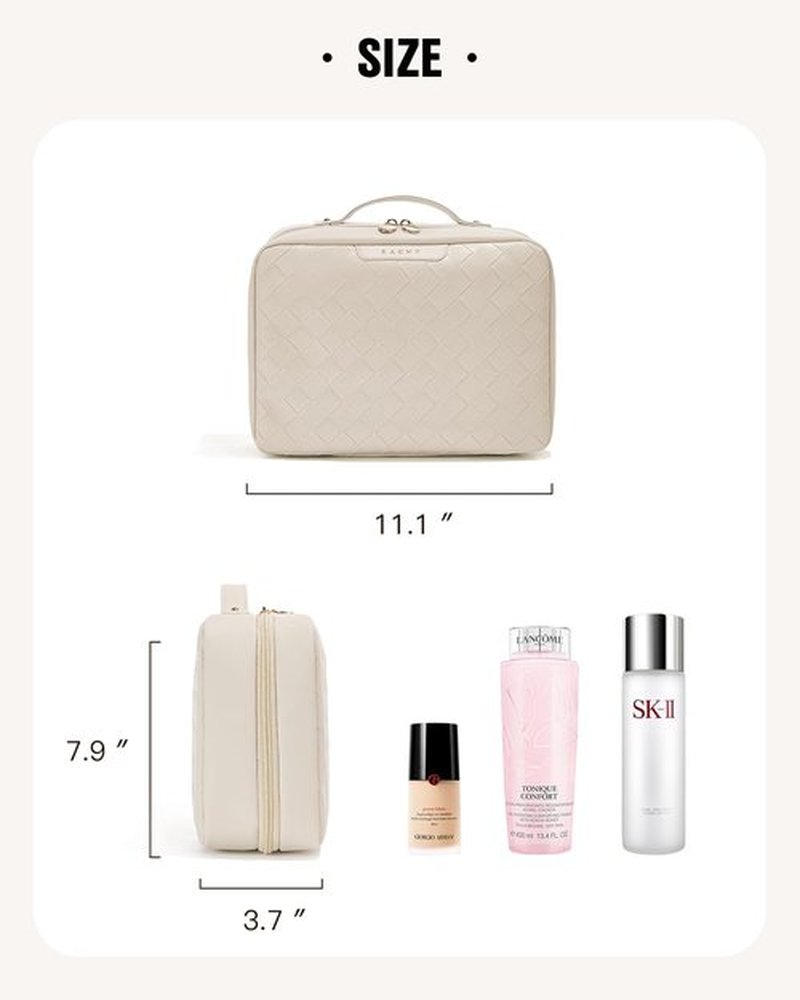 EACHY Toiletry Bag with Hanging Hook, Travel Makeup Bag PU Leather Cosmetic Bags for Women Make Up Organizer with 4 Compartments Waterproof Full-Size Portable Travel Essentials (Plait-White)
