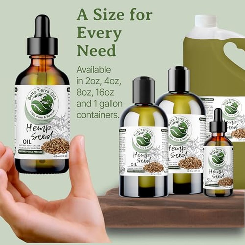 Bella Terra Oils - Hemp Seed Oil 4oz - Unleashing the Power of Cold-Pressed Hemp Nutrition, Vitamin B1 & B2, Elevate Your Beauty Routine with Nature’s Best