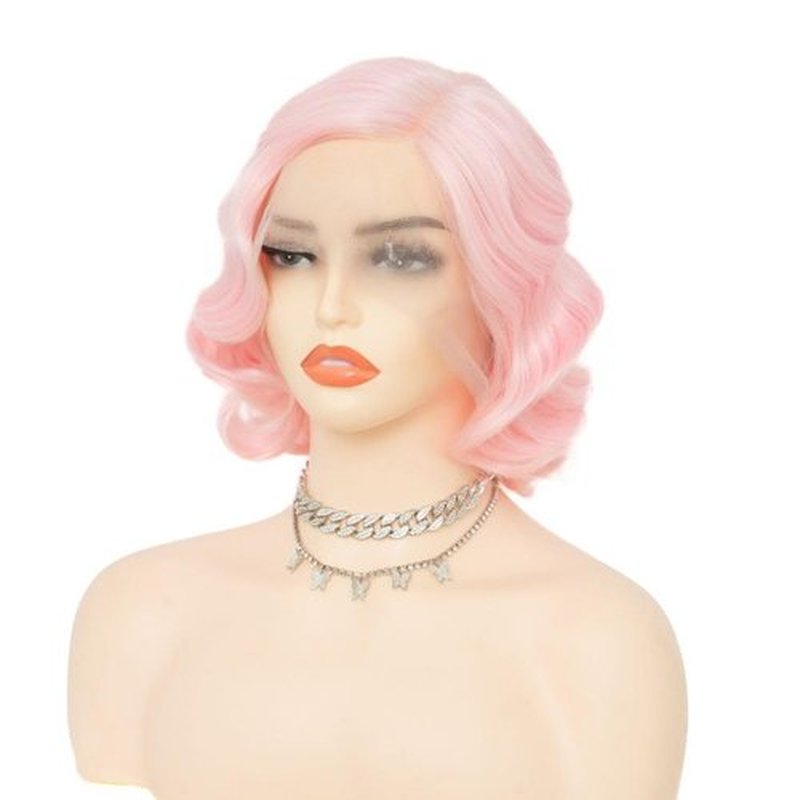 Siudus Finger Wave Lace Front Wig for Women Short Pink Curly Wig Retro Hair Wigs Mommy Wig for Cosplay Daily Party Use