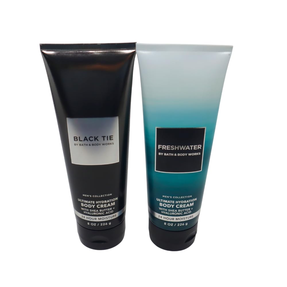 Bath & Body Works Black Tie and Freshwater Ultimate Hydration Body Cream for Men 2pc bundle Gift Set with a Blue bow for Holiday - 8 oz each