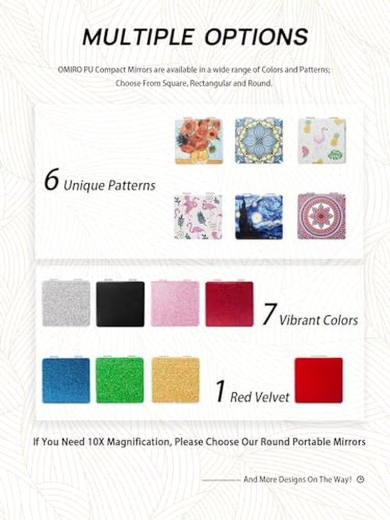 OMIRO Compact Mirror, Glitter PU Leather 1X/3X Magnification, Ultra Portable for Purses, 2.4" W x 3.4" L (Red)