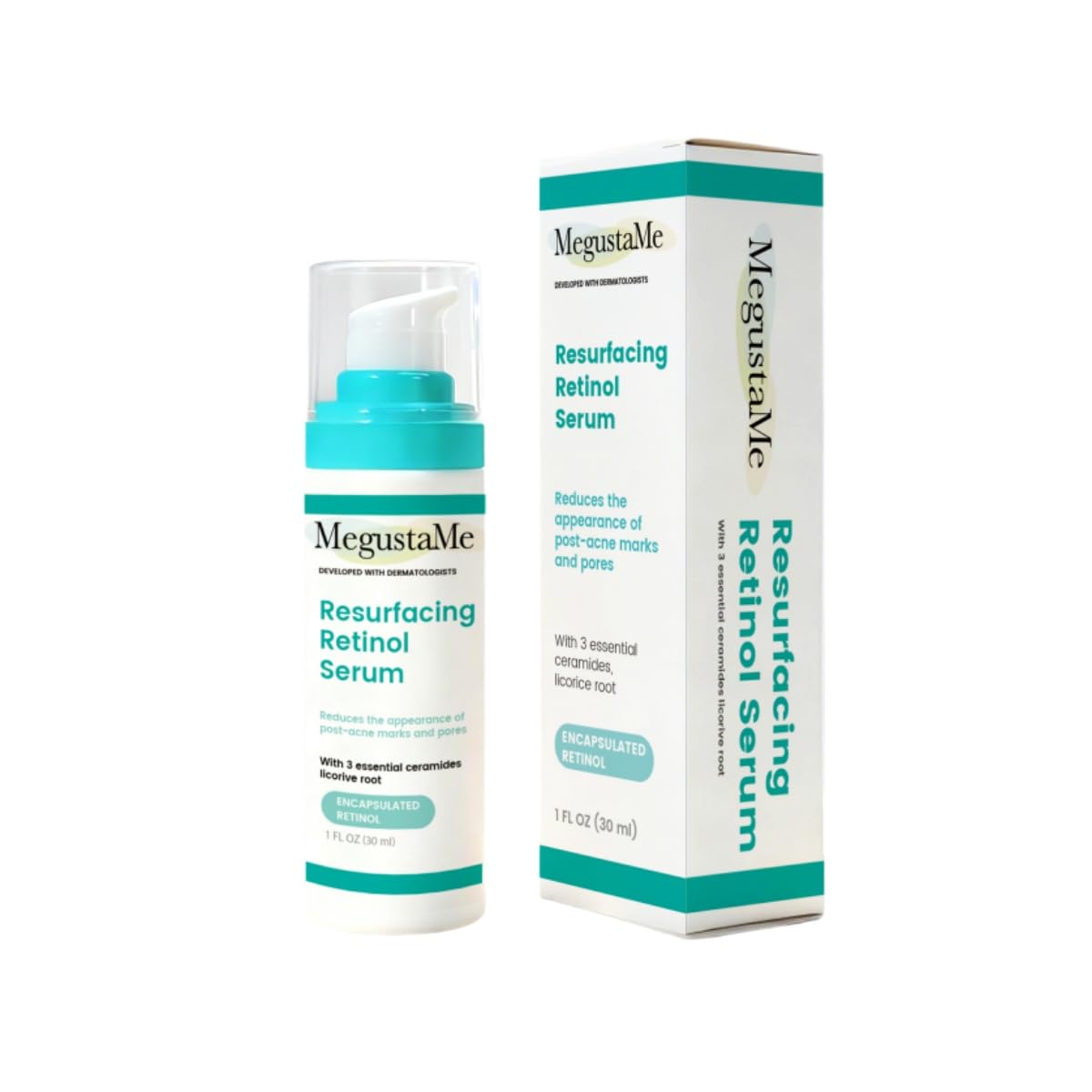 MegustaMe Resurfacing Retinol Serum for Acne Scars & Pores, 30ml. Encapsulated Retinol for Sensitive Skin, Gentle Anti-Aging with Less Irritation. Dermatologist-Developed.