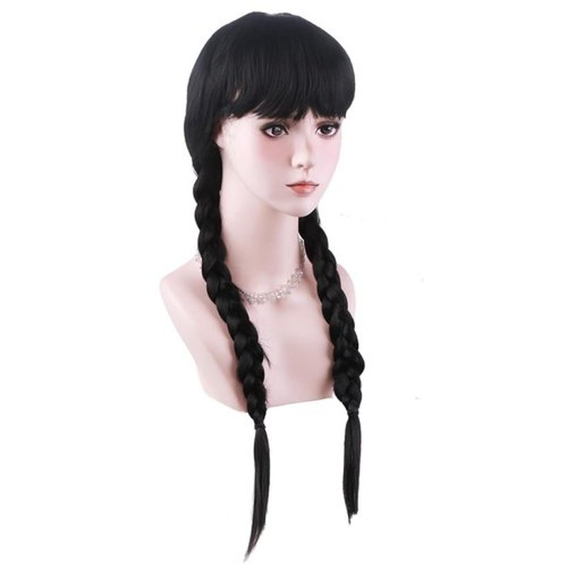 DUDUWIG Black Wig with Braids for Kid Girls Long Black Braids Wig with Bangs Long Pigtails Wig for Cosplay Costume Halloween Wig Hairnet Include