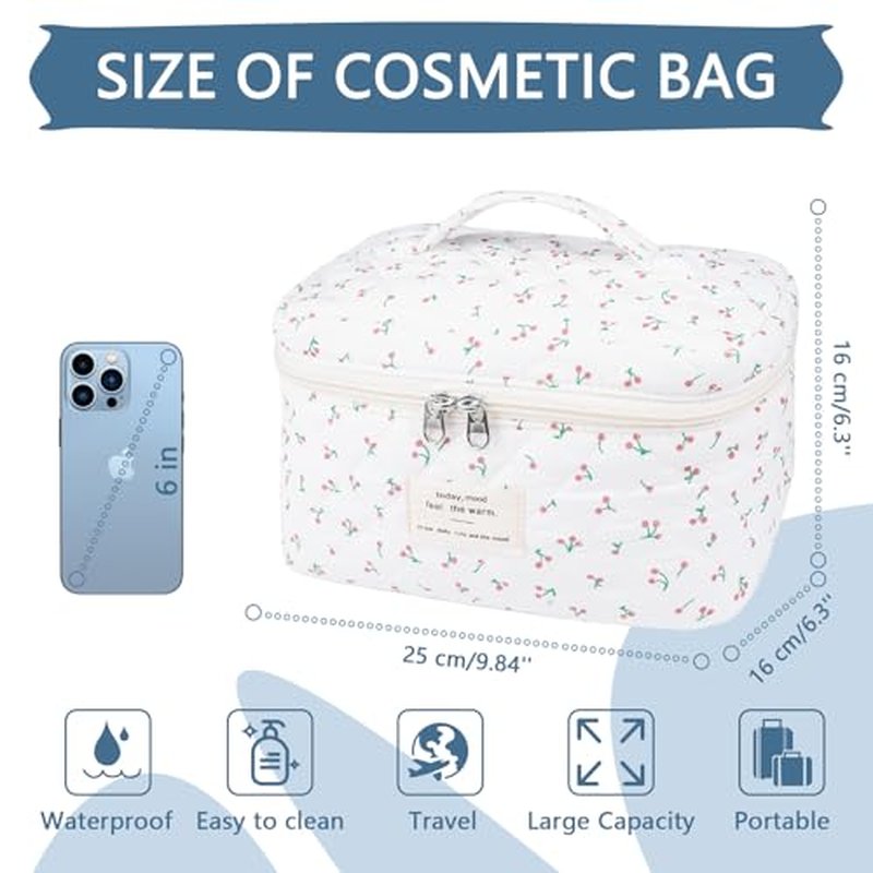 Big Cute Makeup Bag for Women, Large Travel Floral Cotton Cosmetic Bag, Coquette Aesthetic Quilted Toiletry Organizer Bag (White floral)