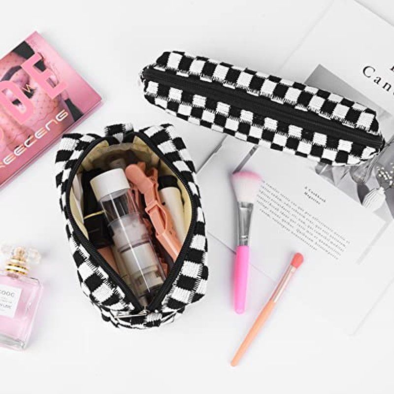 SOIDRAM Checkered Cosmetic Bag and Makeup Brush Storage Bag - Pink Travel Toiletry Organizer