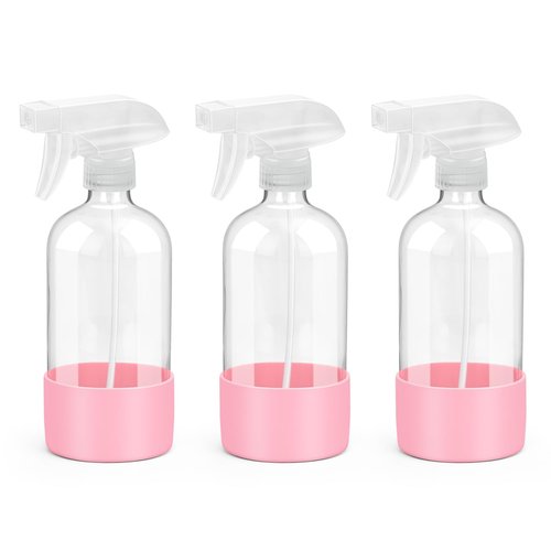 Rionisor Glass Spray Bottles with Silicone Sleeve Protection, Empty 16 oz Refillable Containers, Reusable Spray Bottles with Adjustable Nozzle for Hair, Cleaning Solutions, 3 Pack Pink