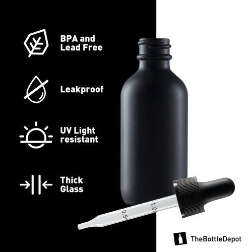 The Bottle Depot - 2 Pack - 2 oz Glass Bottle with Dropper - Black Frosted - 20-400 Neck Finish - Boston Round Bottles - Leakproof Essential Oils Bottles