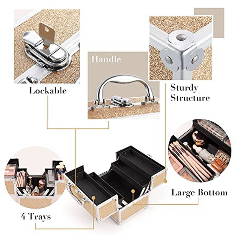 FRENESSA Makeup Train Case Portable Makeup Organizer Box 4 Trays Travel Makeup Storage for Makeup Tools Nail Kits Crafts Travel Makeup Box Gold