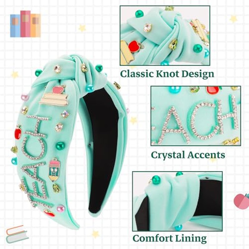 Teacher Headband for Women, Pearl Crystal Knotted Headband, Pencil Book Embellished Jeweled Top Knot Headband Teacher Hair Accessories for Back to School Teacher’s Day Appreciation Gifts (Green)