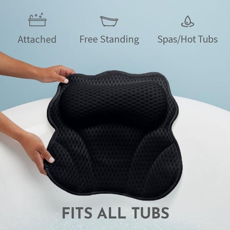 WONDERfoam Thick Padded Ergonomic Bath Pillow for Tub, Support for Head Neck and Back, Slip-Resistant, Machine Washable Breathable Quick Dry Mesh Bathtub Headrest Pillows, Spa Rest Accessories, Black