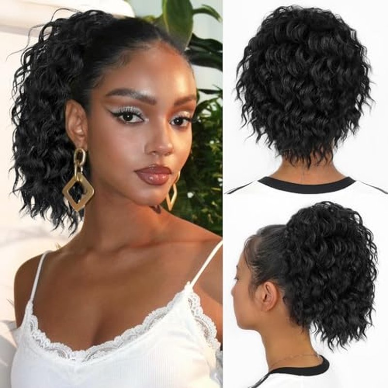 ALXNAN Wavy Curly Ponytail Extension, 8" Black Drawstring Ponytail for Black Women Short Soft Natural Synthetic Hairpiece Thick For Daily Use