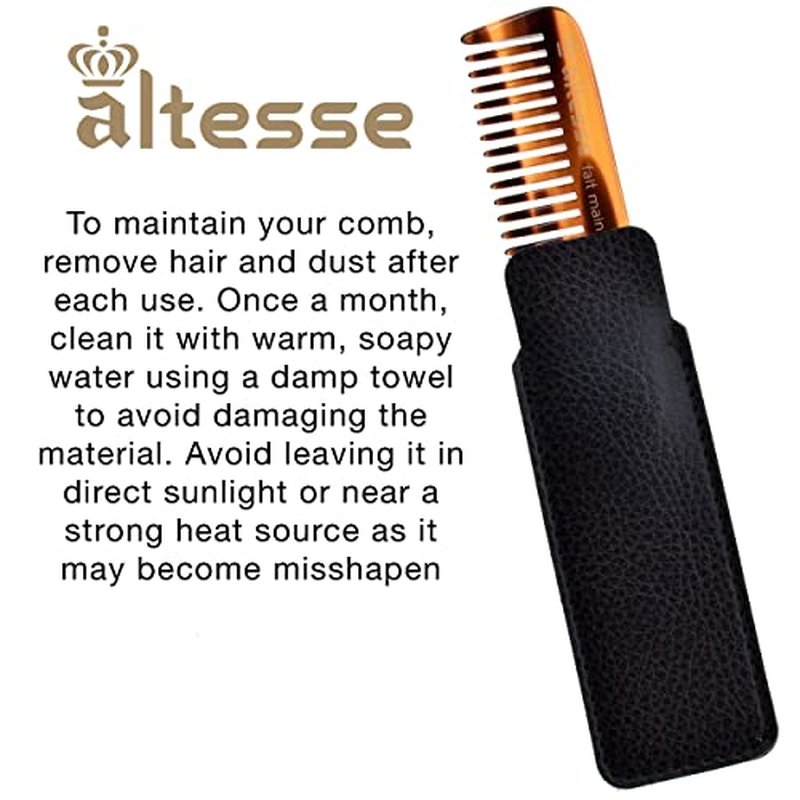 Altesse 11132 Small Wide Tooth Comb Tortoiseshell Mustache Comb for Men (3.5") with Pocket Comb Synthetic Leather Case. Essential Facial Hair Travel Comb For Any Beard Kit for Men. Handmade in France