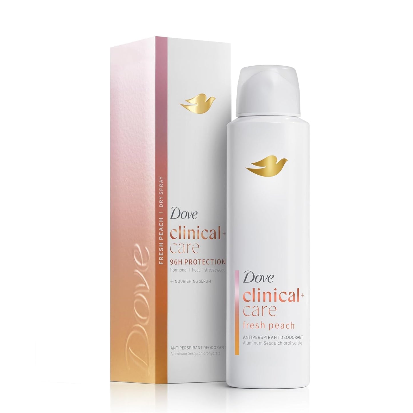 Dove Clinical + Care Antiperspirant Deodorant Dry Spray for Women, 96H Clinical Strength Sweat & Odor Protection, With Nourishing Serum, Fresh Peach with Fruity Scent, 3.8 oz