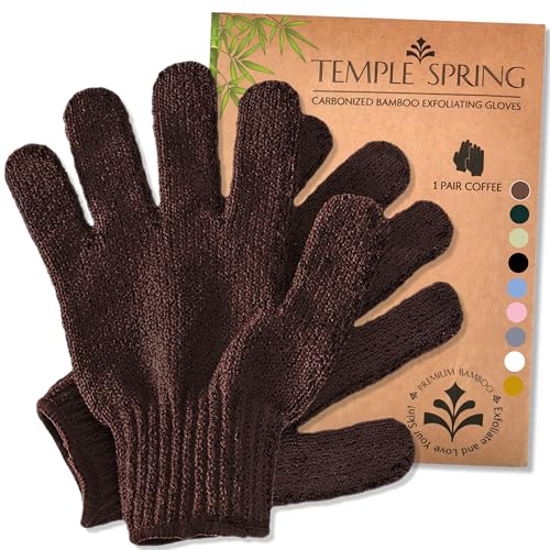 Temple Spring Exfoliating Gloves - Rayon Bamboo Bath/Shower Gloves, Bath Gloves for Shower Exfoliating and Ingrown Hair/Dead Skin Remover - Exfoliator Mitt Scrub Gloves - Coffee