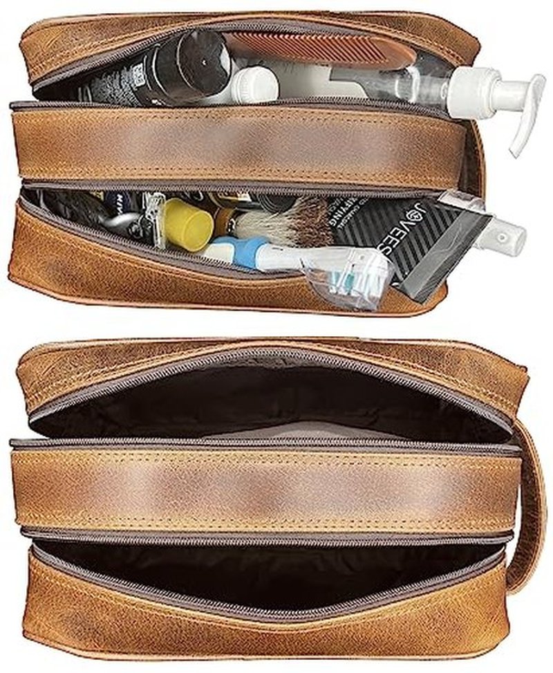 RUSTIC TOWN Leather Toiletry Bag for Men - Travel Shaving Dopp Kit - Bathroom Shower Toiletries Organizer - Leather Cosmetic Bag for Women (Antique Brown)