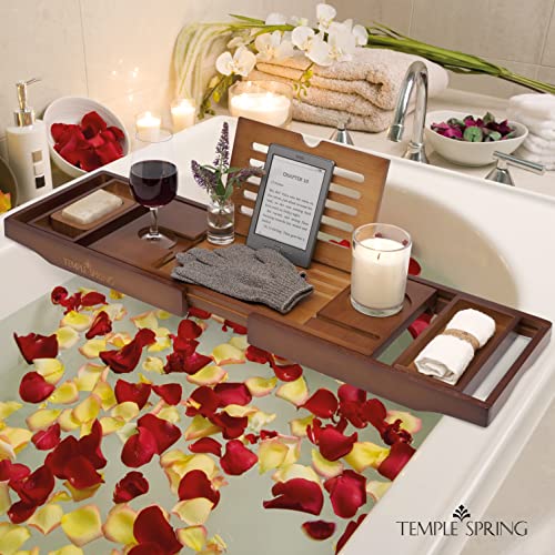 Temple Spring Bathtub Caddy Tray - Extendable Bath Tray for Bathtub with Candle, Wine Glass, Book, Pad & Phone Holders - Adjustable Bathtub Tray Over tub w/Bathroom Accessories - Acacia Wood