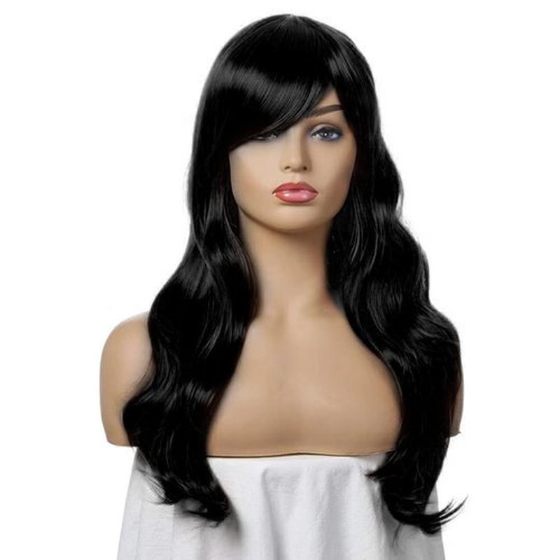 Luhuanx Wigs for Women Girls Long Wavy Heat Resistant Fiber Wigs Side Bangs Cosplay Party, Women's Wigs with Bangs Long Fluffy Curly Wavy (Black)