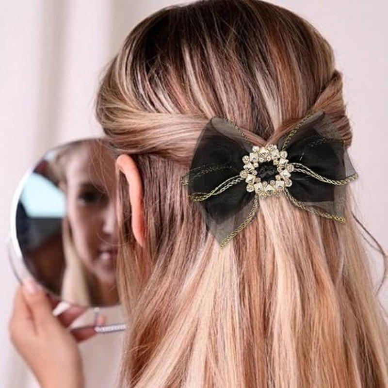 Large Bow Hair Clip Rhinestone Hair Black white lace bow Headdress Hair Accessories for women(Black)