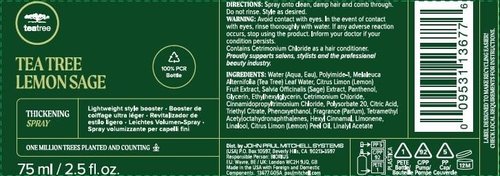 Tea Tree Lemon Sage Thickening Spray, Builds Body + Boosts Volume, For Fine Hair, 2.5 fl. oz.