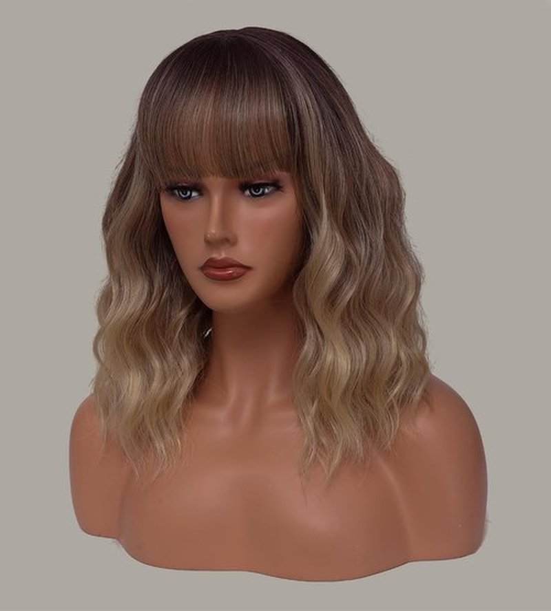 Short Blonde Wigs with Bangs 14Inch Ombre Blonde Highlights Curly Bob Wig for Women Shoulder Length Natural Looking Hair Replacement Wig for Daily Party Use Cosplay Costume Halloween Wig