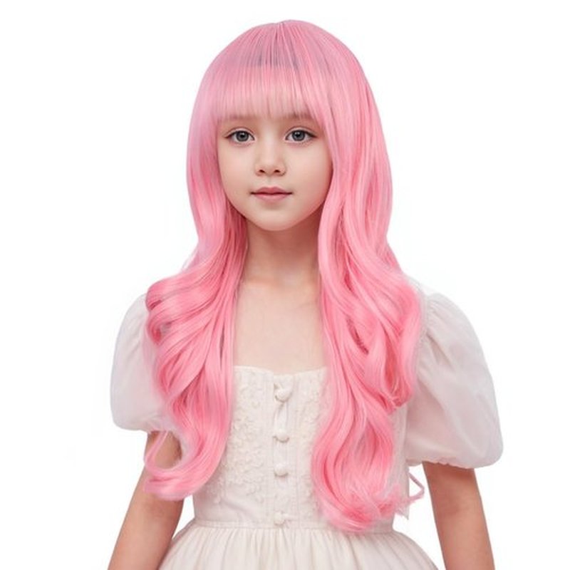 Edivd Kids Pastel Pink Wig Long Pink Wig with Flat Bangs for Child Long Light Pink Wavy Curly Wig for Girls Heat Resistant Synthetic Wig with Wig Cap