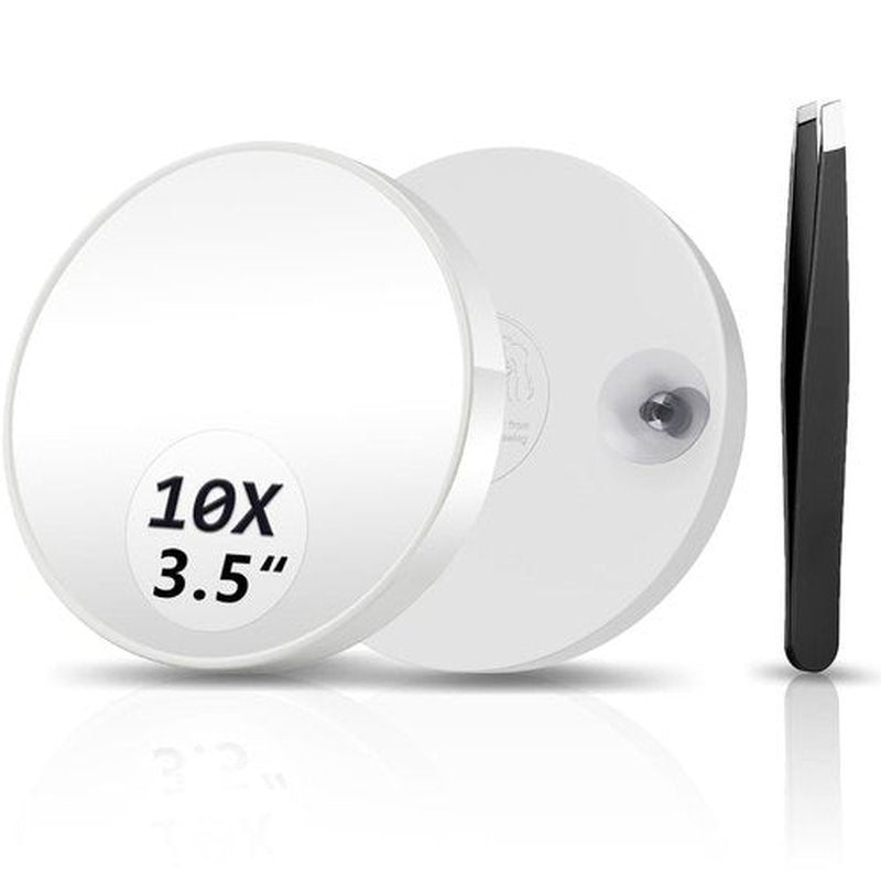 FAHZON 10X Magnifying Mirror, Magnified Mirror 3.5" with Two Suction Cups and Tweezers, Travel Magnifying Mirror Set Comes with Portable Storage Bag, Small Magnifying Mirror for Travel(White)