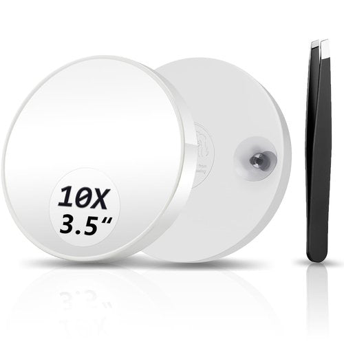FAHZON 10X Magnifying Mirror, Magnified Mirror 3.5" with Two Suction Cups and Tweezers, Travel Magnifying Mirror Set Comes with Portable Storage Bag, Small Magnifying Mirror for Travel(White)