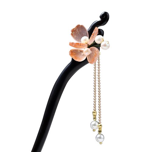 Yuri Hairpin Hair Clasp Sticks Picks Pearl Shell White Crystal Long tassels Hair Accessories For Long Hair Women Wedding Hanfu Cheongsam (Black ebony orange flower)