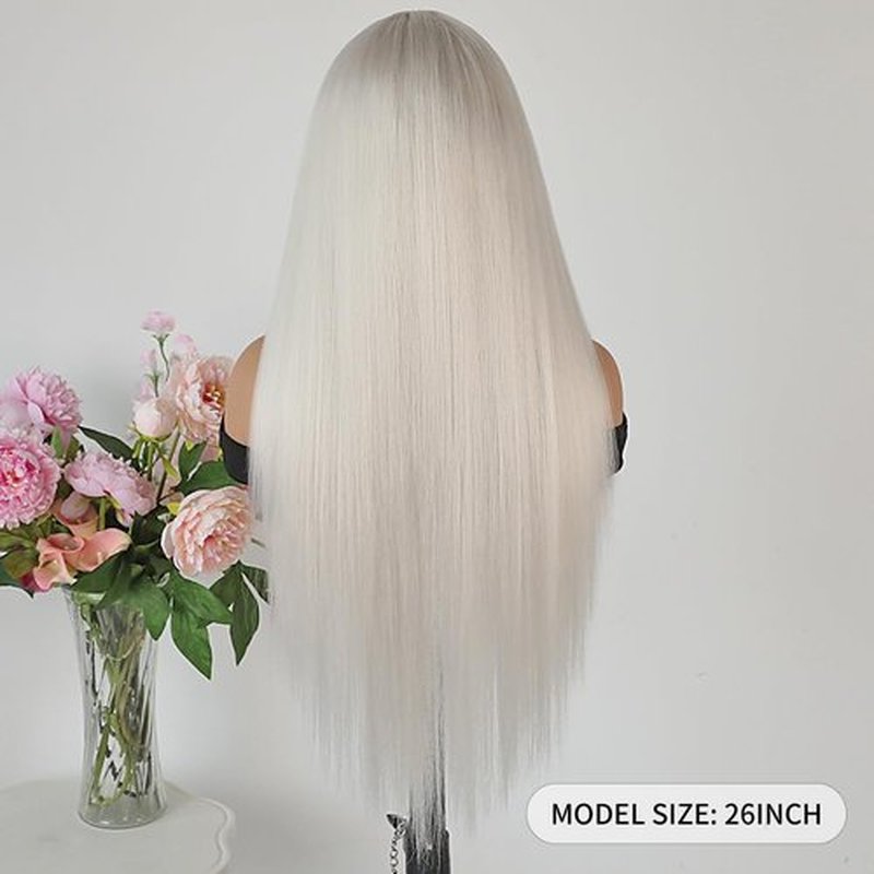 Maycaur Platinum White Synthetic Hair Wigs with Natural Hairline Long Straight Women's Wig 26 Inch Heat Resistant Synthetic Lace Front Wigs for Fashion Women