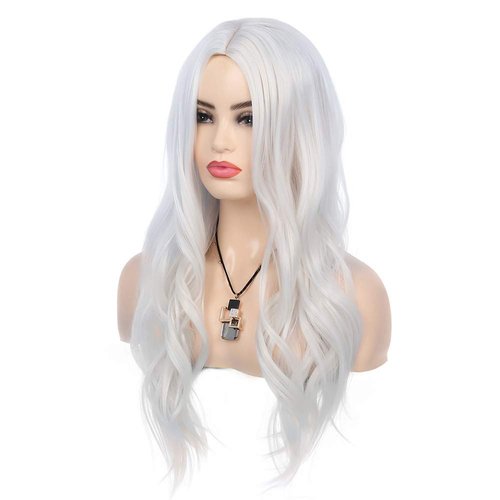RicHyun White Wig Long Curly Wavy Wig Middle Part Cosplay Wig Synthetic Heat Resistant Costume Halloween Wigs for Women Girls