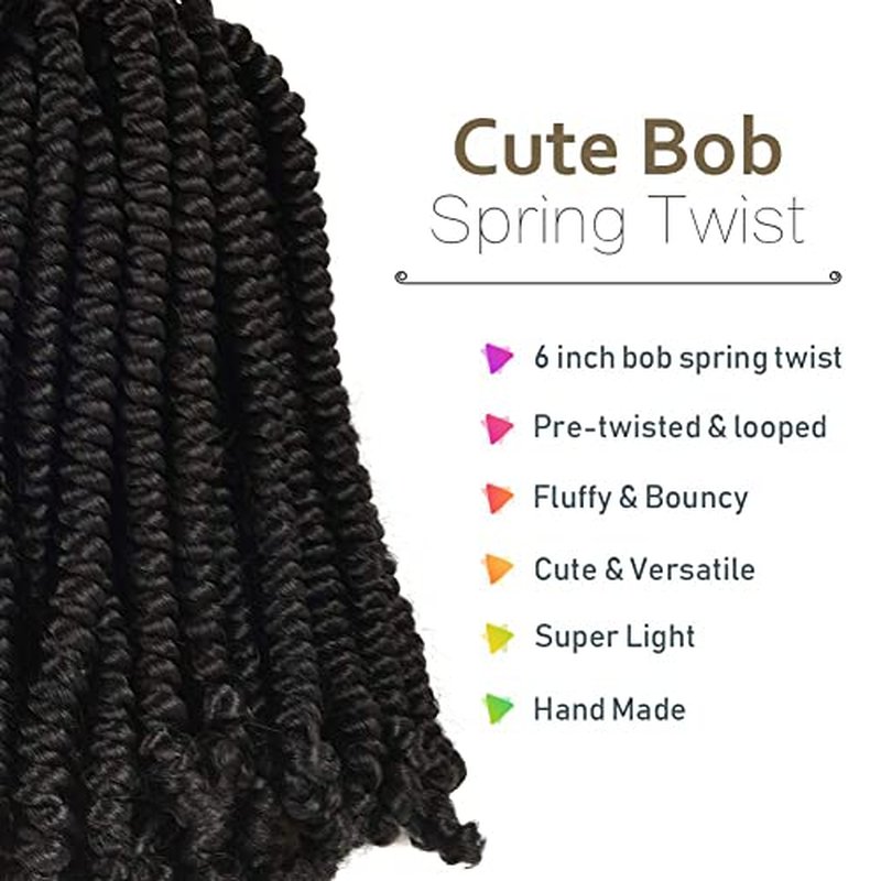 Niseyo Pre twisted Bob Spring Twist Hair 6 Inch 7 Packs Short Pre-looped Crochet Braid (1#/Jet Black)