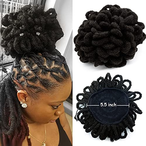Yinmei Baibian Blue Dreadlock Bun Faux Locs Drawstring Ponytail Dread Loc Petal Buns Curly Afro Puffs Braided Hair Extension Clip in on Braids Hairpieces for Girl(Blue)