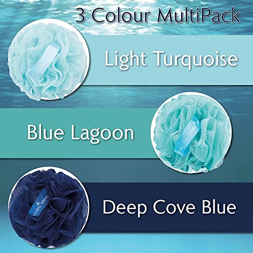 Temple Spring Shower Loofahs 3 Pack - Natural Recycled Shower Puffs for Body Set for Men and Women - Loofah Exfoliating Body Scrubber, Bath Poufs or Shower Scrunchie - Ocean Blue
