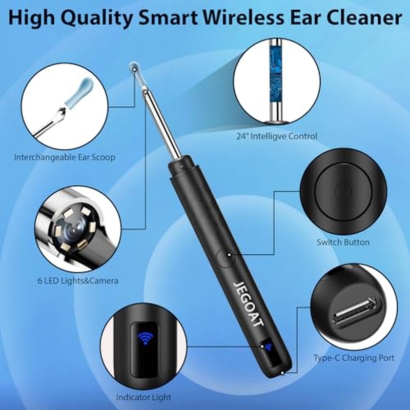 JEGOAT Ear Wax Removal, Ear Wax Removal Tool with 1296P HD Camera and 6 LED Lights, Ear Cleaner with 10 Ear Pick, Upgrade Ear Wax Removal Tool for iOS and Android (Black)