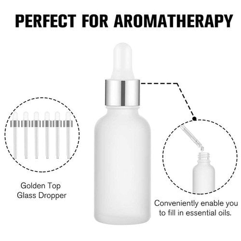 PrettyCare Eye Dropper Bottle 1 oz (24 Pack Frosted Glass Bottles 30ml with Silver Caps, 48 Labels, Funnel & Measured Pipettes) Empty Tincture Bottles for Essential Oils, Perfume