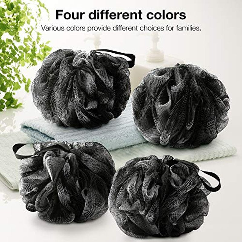 DadyMart Bath Shower Loofah Sponge 60g Bath Mesh Pouf Shower Ball Body Scrubber Exfoliating Bath Sponge for Women and Men, Set of 4, Black