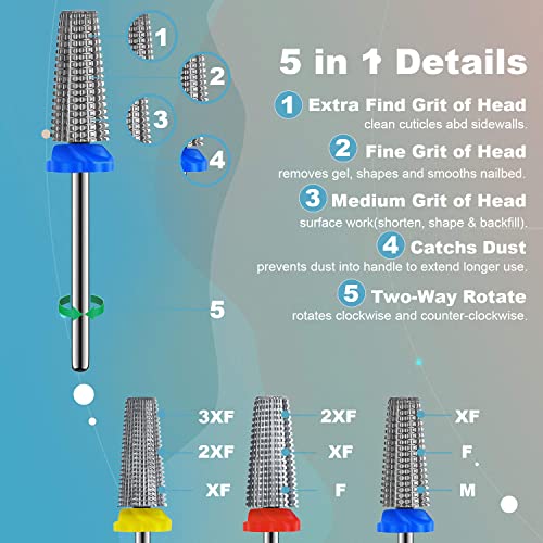 3Pcs Carbide 5 in 1 Nail Drill Bit Set- Two Way Rotate Use for Both Left and Right Handed- XF£¬ F£¬ M 3/32 Inches Brocas Para Drill Nails for Acrylic Nail Gel Fast Remove