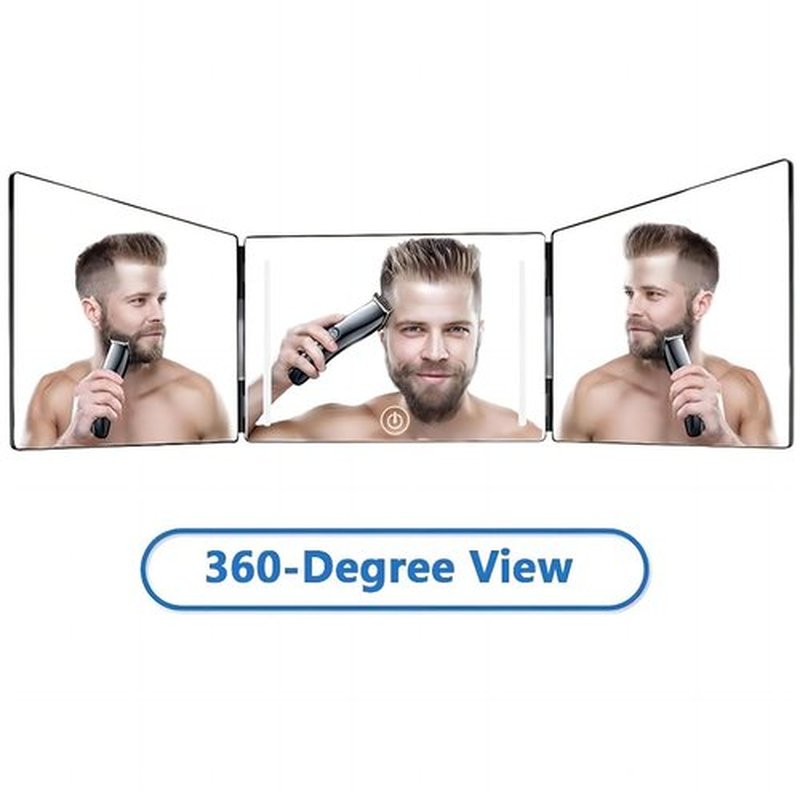 LED 3 Way Mirror with Adjustable Lighting for Self Hair Cutting, 360 Mirror for Men Shaving & Women Dyeing Hair Braiding, Portable for Travel, Bedrooms, Bathroom (Black)