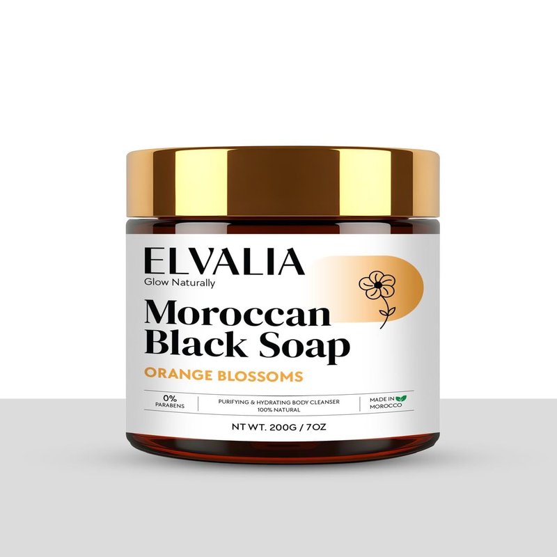 Elvalia Moroccan Black Soap - Natural Hammam Cleanser & Exfoliating Body Treatment | Vegan, 200g (Orange Blossom)