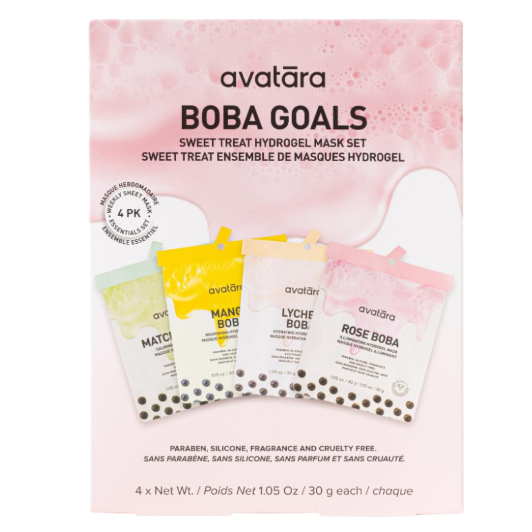 Avatara Boba Goals Hydrogel Sheet Mask Variety 4-Pack - Rose, Matcha, Mango, and Lychee Boba Flavors - Hydrating K-Beauty Face Masks for Tweens and Teens - Vegan, Synthetic Fragrance-Free