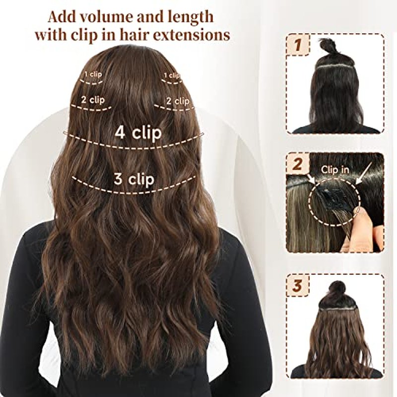 Fliace Clip in Hair Extensions, 6 PCS Natural & Soft Hair & Blends Well Hair Extensions, Medium Brown Long Wavy Hairpieces(20inch, 6pcs, Medium Brown)