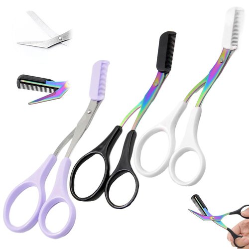 Eyebrow Trimmer Scissor, 2025 New Eyebrow Scissors with Comb, Non-Slip Stainless Steel Eyebrow Trimming Scissors, Eyebrow Cutter Hair Removal Eyebrow Scissors Makeup Tool for Women Men (3Pcs b)