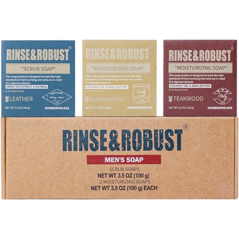Rinse & Robust Mens Bar Soap Bath Bar Soap 3Pack Handmade Natural Soap Bar Set Cleansing Bar Moisturizing&Exfoliating Scrub Soap Gift Set for Men | Leather, Sandalwood, Teakwood | 3.5 oz of 3 Bars