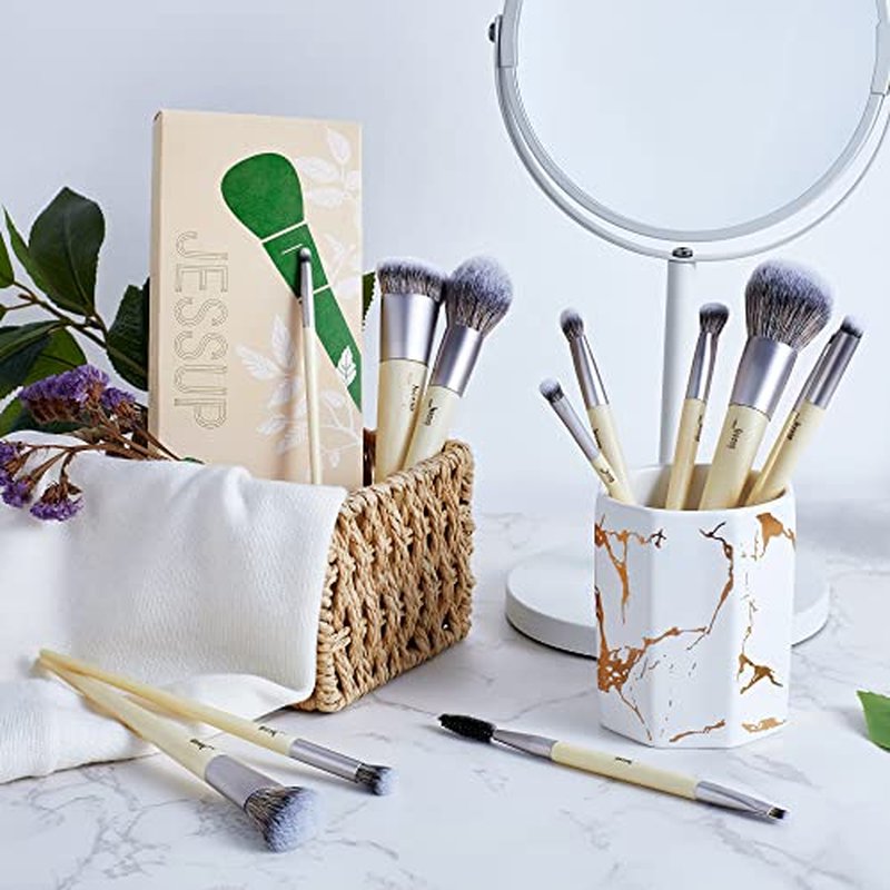 Jessup Vegan Makeup Brushes Set Premium Synthetic Powder Foundation Highlight Concealer Eyeshadow Blending Eyebrow Liner Spoolie Brush Set Burlywood 12pcs T327