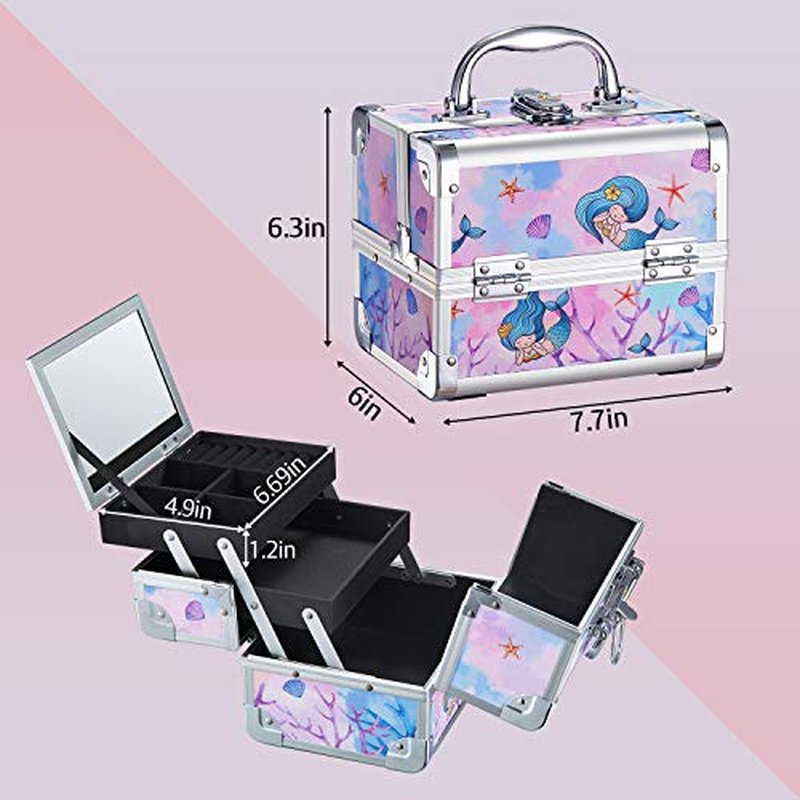 Joligrace Makeup Case for Girls Cosmetic Train Case Makeup Storage Box Jewelry Organizer Hair Accessories Lockable with Trays & Mirror Kids Gift Coloful Pink Unicorn