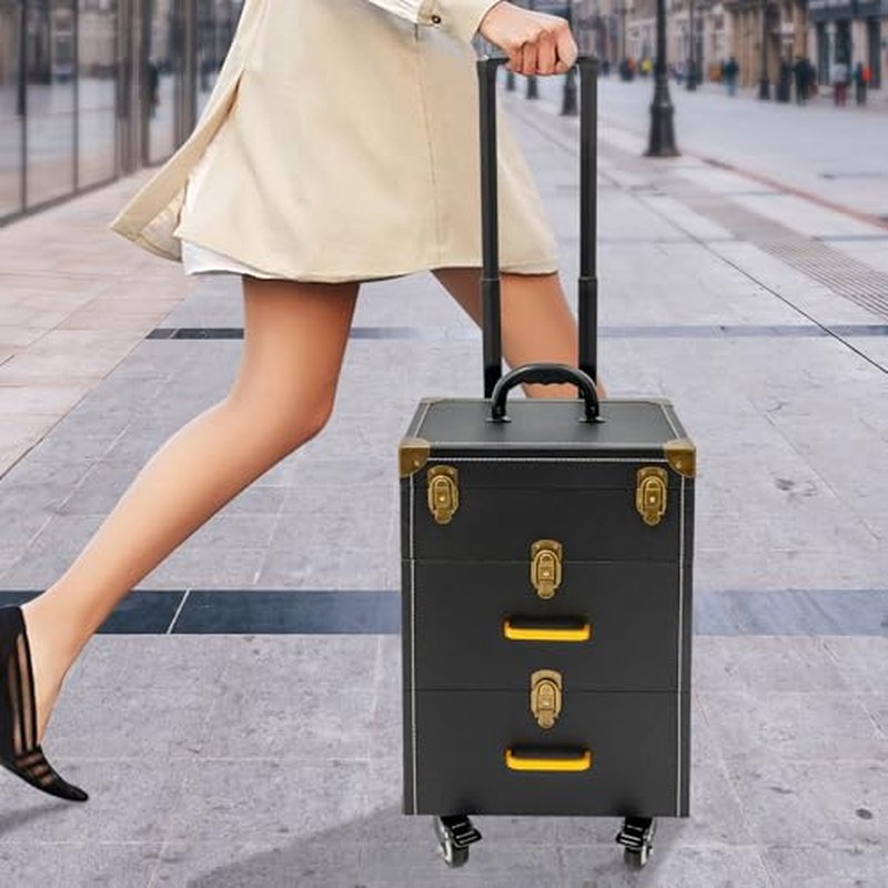 Rolling Makeup Case, Makeup Case Cart, Professional Embroidery Nail Case, Makeup Case with Wheels, Tattoo Travel Case for Nail Technicians, Cosmetologists and Stylists, Black (Black)