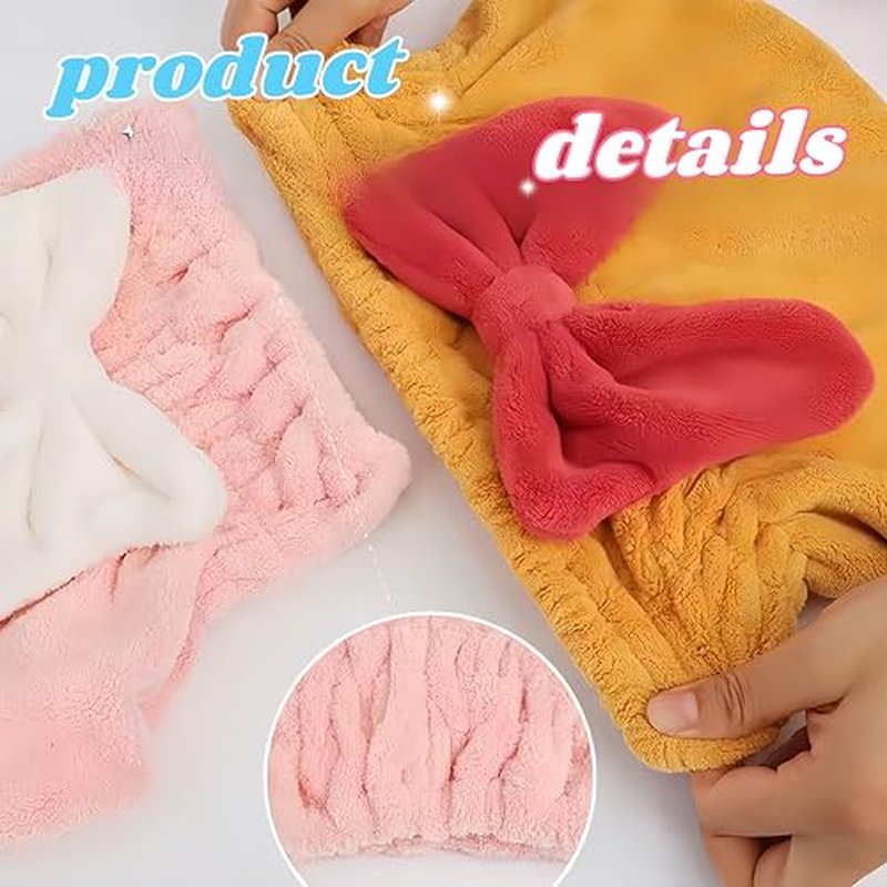 MYNOCK New Super Absorbent Hair Towel Wrap for Wet Hair, Efficient Hair Towel, Soft Absorbent Quick Drying Cap with Bow-Knot,Microfiber Super Absorbent Hair Towel Wrap (Blue+Pink, 2pcs)